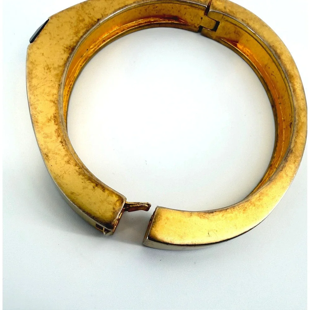Vintage Gold Tone Hinged Bangle Bracelet Square Black Stone Geometric Cuff